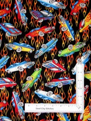 Race Car Hot Rod Cars Flames Fabric Cotton Timeless Treasures C1109 By Yard