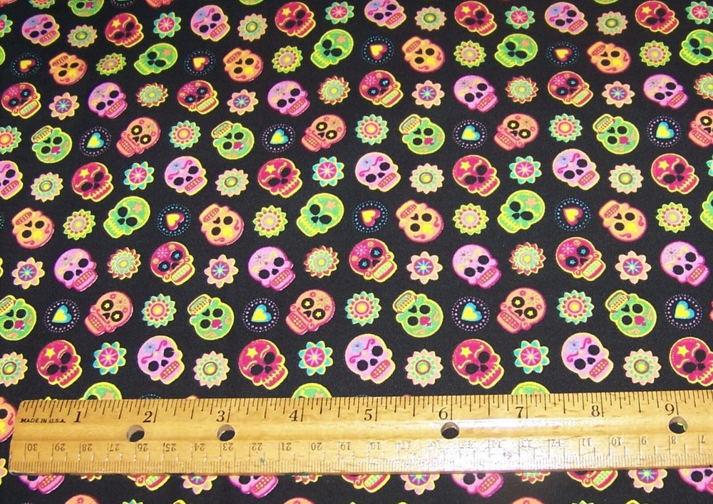 1 yard 36″ x 60″ of COLORFUL TINY SUGAR SKULLS on 100% Cotton Fabric HALLOWEEN