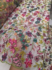 Fabric By The Yard Multicolor Lace Pink Fuchsia Embroidery Flowers On White Mesh