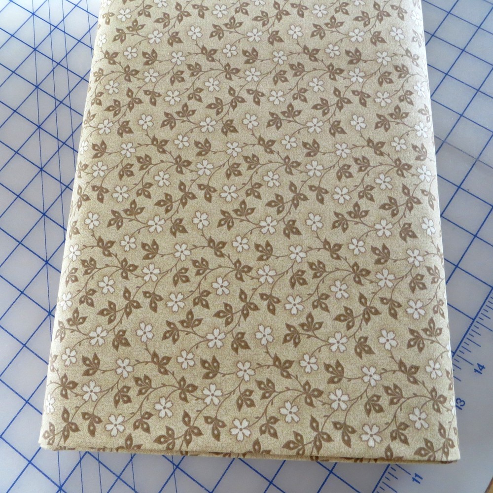 Yard, Tiny Tan Leaves & Flowers on Tan Cotton $3.99 Ships Any Amount Of Fabric.
