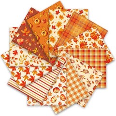 12Pcs Fall Cotton Fabric Bundles Orange Pumpkin Leaves Plaid Fat Quarters Wat…