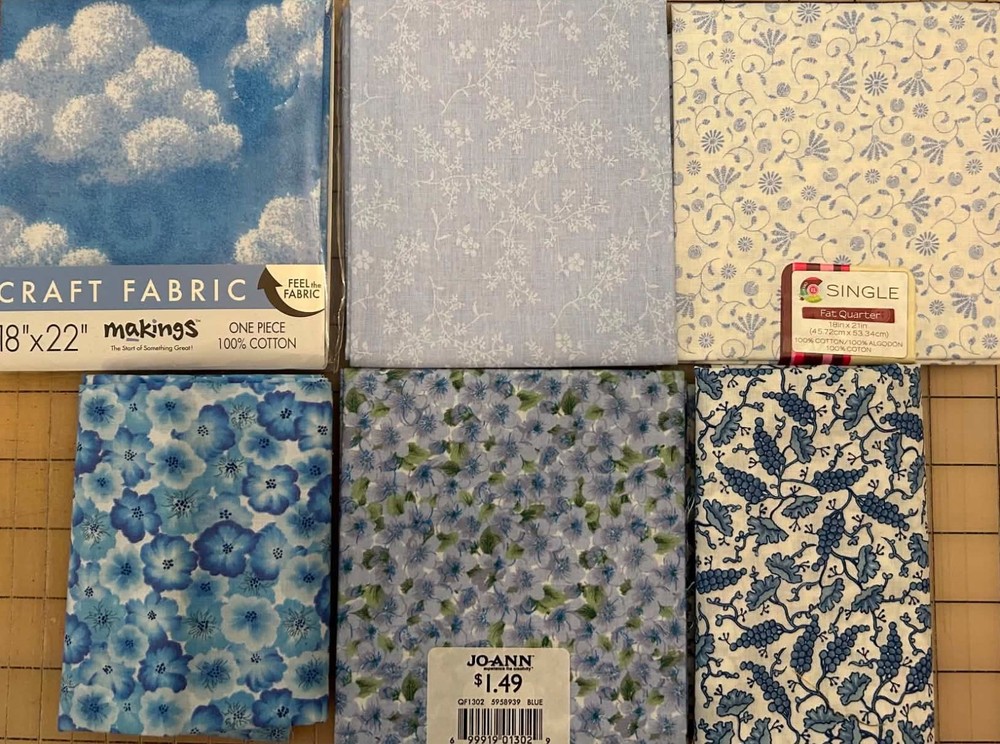 Bundle of 6 Blue Cotton Fat Quarters 18×20 Assorted Prints Stash Builder FQ37