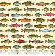 “The Lure Of Fishing” Lake Fish, Fishing Fabric-100%Cott 1 yd*BTY*Buttercream
