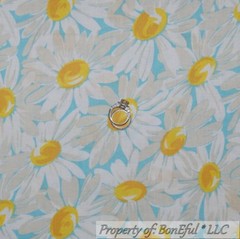 BonEful Fabric FQ Cotton Quilt VTG Aqua Blue Yellow White Flower Daisy Girl Dot