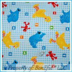 BonEful FABRIC FQ Cotton Quilt Baby Blue Gingham Big Bird ELMO Cookie Monster US