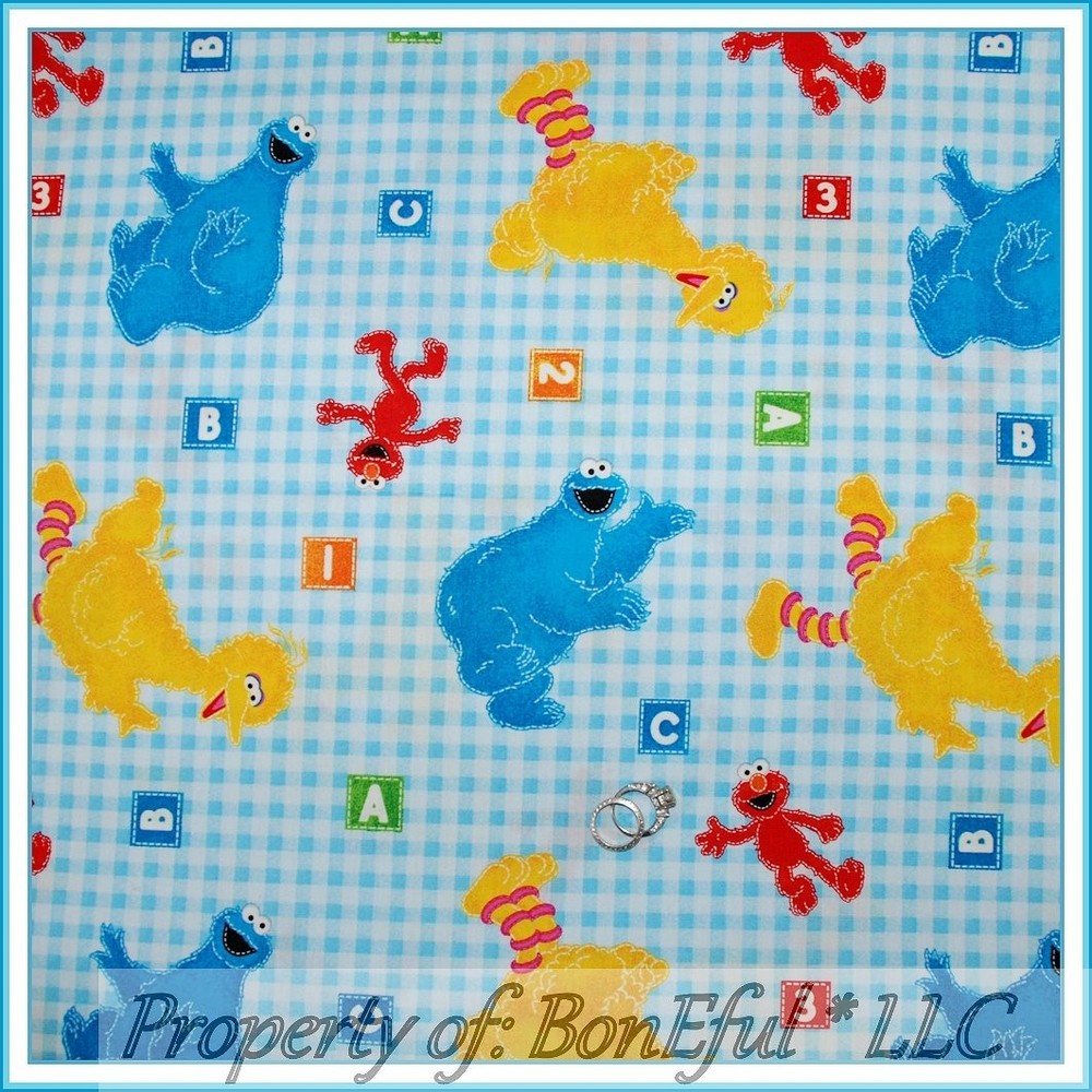 BonEful FABRIC FQ Cotton Quilt Baby Blue Gingham Big Bird ELMO Cookie Monster US