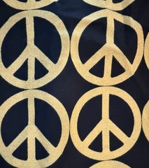 Patty Reed Designs Fabric Traditions 2010 Peace Sign Metallic Gold Black 44” BTY