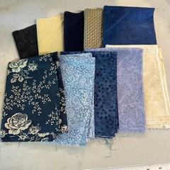 10 Piece Blue Yellow Cream Floral Batik Quilt Fabric Remnants 15×44 Each