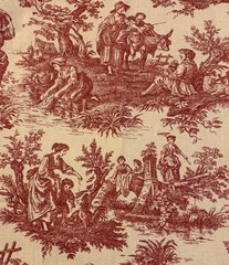 VTG Waverly Country Life Weekend Red Beige Toile Fabric 1 Yard 57 X 42 Pastoral
