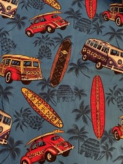 Hawaiian Fabric Woody Car, Volkswagen, Motorcycle,Surfboard Print 1/2 Yd Blue
