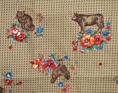 VTG Joan Kessler Cotton Fabric Concord Farm & Floral Chicken Cow Sheep Tan Dots