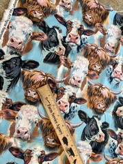 Blue Cow Faces Selfies Brother Sister Design Studio Fabric 1 Yard x 44″