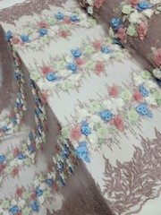 Dusty Rose Beaded Lace 3d Multicolor Floral Fabric Sold by The Yard Quinceañera