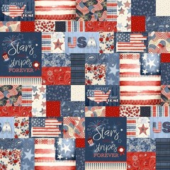 Patriotic Collage 108″ wide backing – 1 yard price! – Continuous yards available