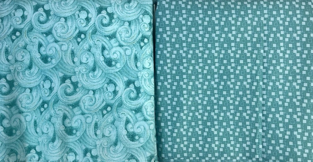 Vintage Lot of 2 Pieces Aqua Green Print Sewing Fabric 7 Yards Total