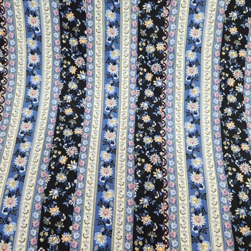 Brushed ITY Border Stripe Floral Black/Blue/Cream 60″ Fashion Fabric by the Yard