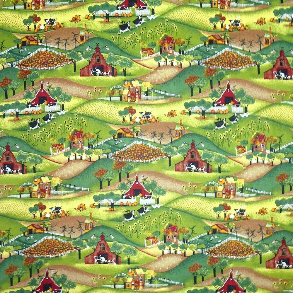 Country Farm Fabric – Harvest Barn Farmhouse Cow Field – Lightweight Cotton YARD