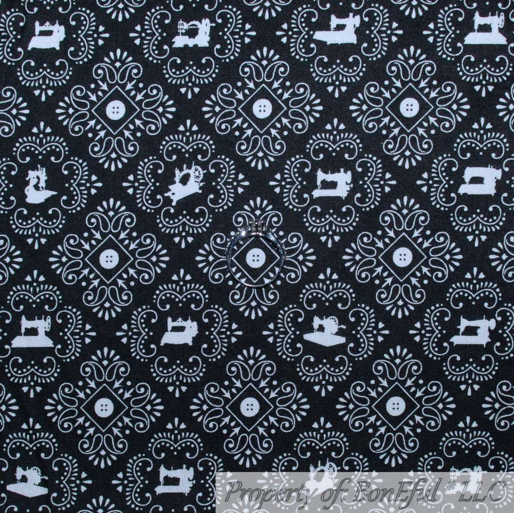 BonEFul Fabric FQ Cotton Quilt Black White Damask Sewing Machine Button Flower S